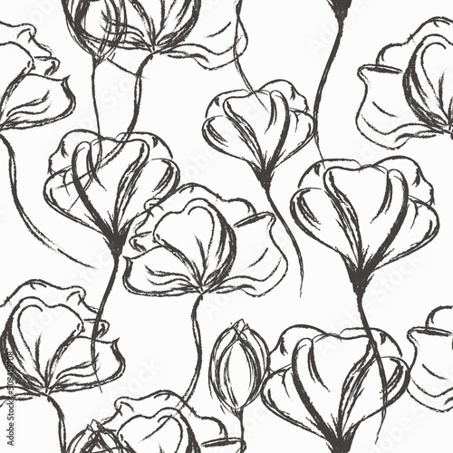 Seamless pattern with flowers. Handmade. Pencil drawing. Vector.