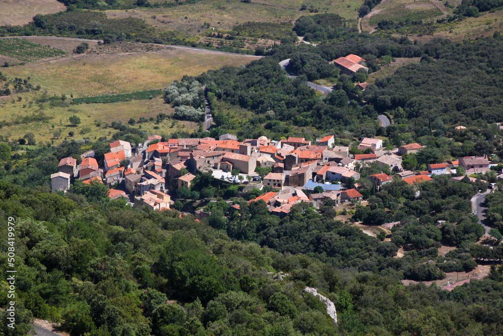 Panoramic view of the old village of Duilhac-sous-Peyrepertuse and the surrounding forest, Occitanie region in southern France