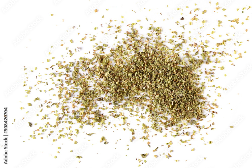 Chopped dried oregano leaves, pile isolated on white, top view Chopped dried oregano leaves, pile isolated on white, top view