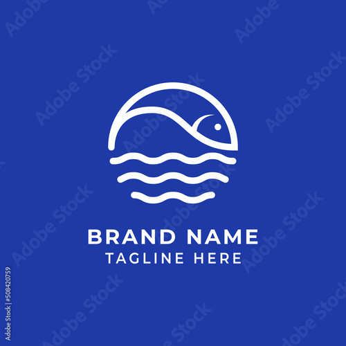Fish and wave for sea food restaurant logo design vector illustration