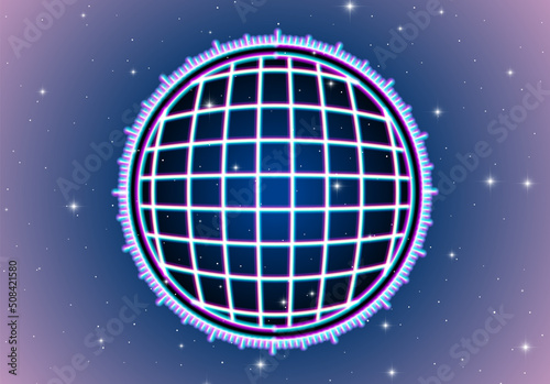 Neon interface background with round sensor display and ruler. Abstract technology frame in 80s retro computer style.
