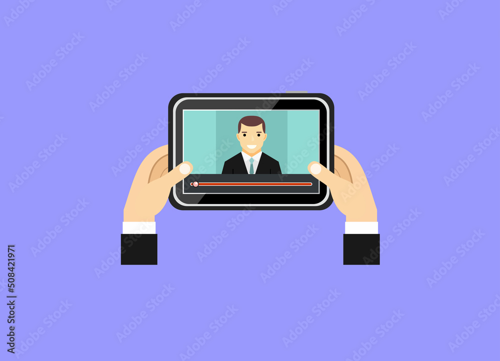 Online conference, online tutorials, webinar, web consultation, watching video flat illustration. Hands holds tablet. Online conference, online tutorials, webinar, web consultation, watching video flat illustration. Hands holds tablet.