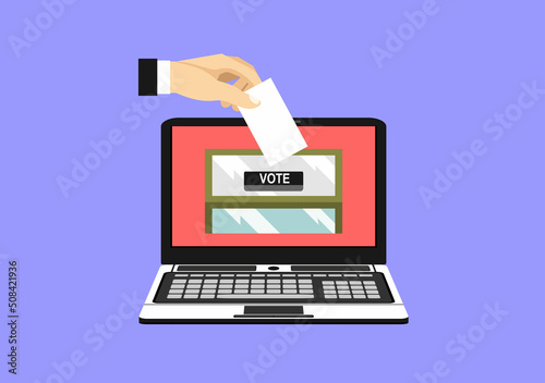 Voting online concept. Hand putting voting paper in the ballot box on a laptop screen. Flat style