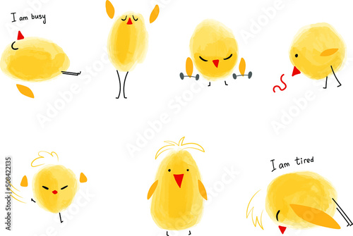 Vector yellow different chickens with red beaks. Walks, stomps, runs, walks, dances, sleeps, looks