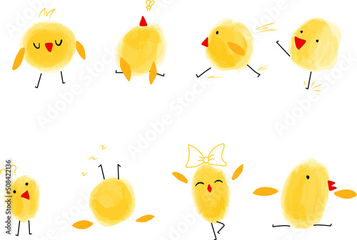 Vector yellow different chickens with red beaks. Walks, stomps, runs, walks, dances, sleeps, looks