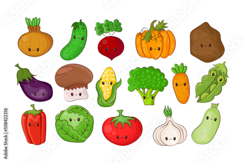 Collection of Cute Kawaii Vegetables. Set of clip art cartoon vegetables in kawaii style. Vector illustration of a cute vegetables. 