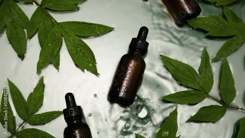 Bottle with herbal serum, oil cosmetic ad, simple and natural skincare concept, product mock up set with water ripple aside with green leaf