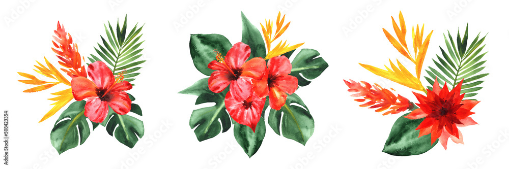 Fototapeta premium Tropical vibes. Hand painted Watercolor arrangements with flamingo, flowers and leaves
