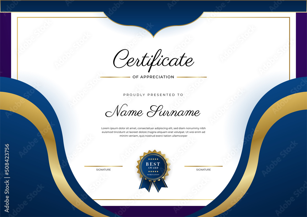 Certificate blue template with modern luxury pattern and golden lines ...