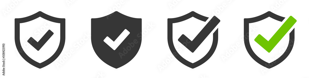 Shield with check mark icon. Protection approve sign. Security shield protected icon. Strong protection concept - stock vector. - obrazy, fototapety, plakaty 