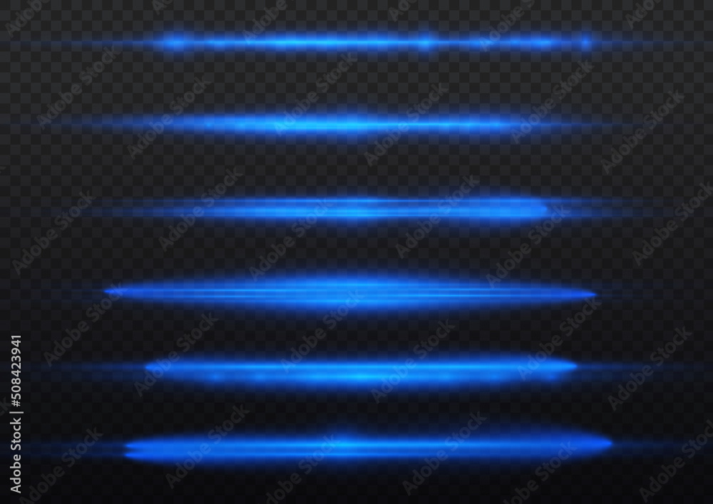 Horizontal light rays, glow blue line, flash glare Horizontal light rays, glow blue line, flash glare
