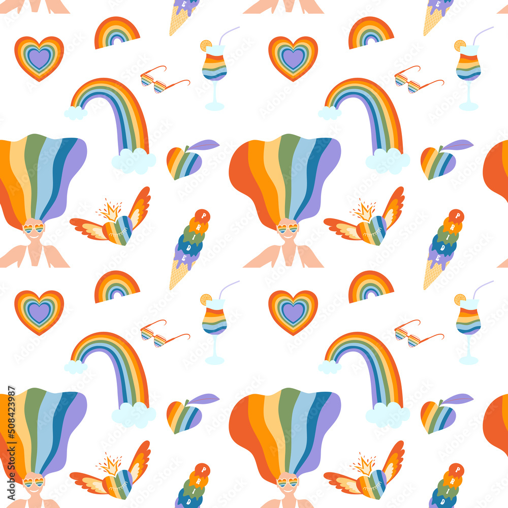 Vector collection of LGBTQ community symbols retro pride vibes with rainbow Pride month hand drawn concept Vector illustration