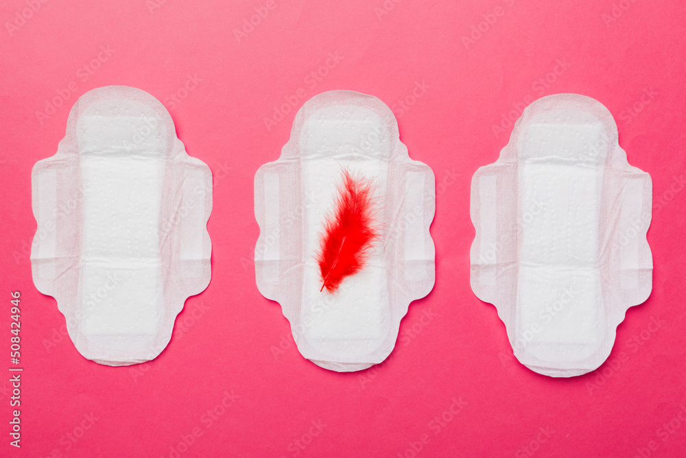 Women hygiene products or Sanitary pad with red feather on colored background. Pastel color. Closeup. Empty place for text. Female daily hygiene Women hygiene products or Sanitary pad with red feather on colored background. Pastel color. Closeup. Empty place for text. Female daily hygiene