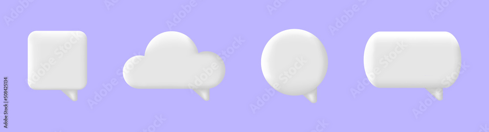 3d speech bubble set. Chat message icon. White text box. Social media banner. Comment square balloon. Dialog frame. Speak tag. Cloud quite sign. Business communication concept. Vector illustration