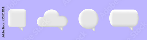 3d speech bubble set. Chat message icon. White text box. Social media banner. Comment square balloon. Dialog frame. Speak tag. Cloud quite sign. Business communication concept. Vector illustration