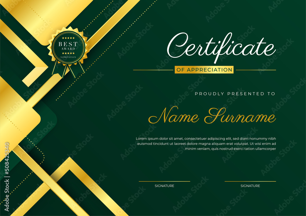 Certificate green template with modern luxury pattern and golden lines ...