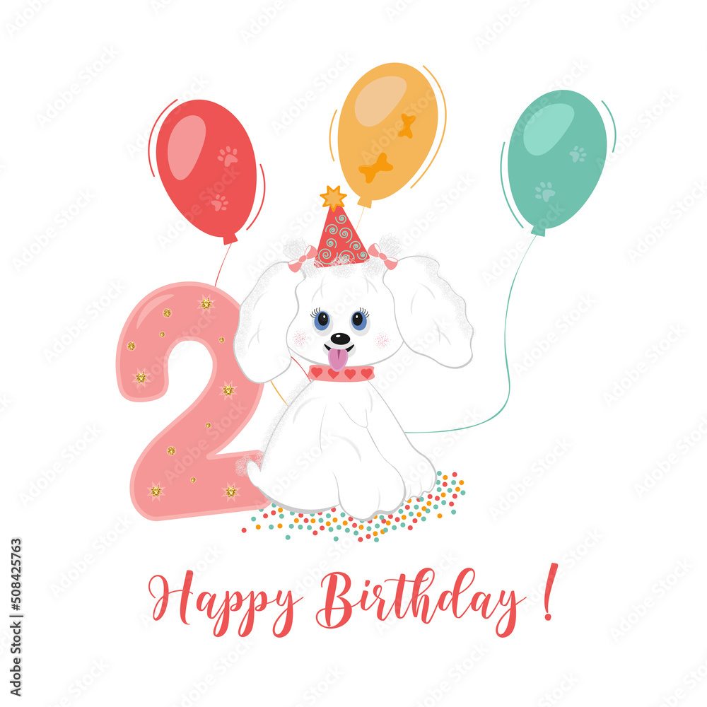 Festive number 2 two year old Happy Birthday celebration wish with a cute little dog, flying air
colorful balloons and a festive inscription on a white background for girl. Number two with glitters. Festive number 2 two year old Happy Birthday celebration wish with a cute little dog, flying air
colorful balloons and a festive inscription on a white background for girl. Number two with glitters.