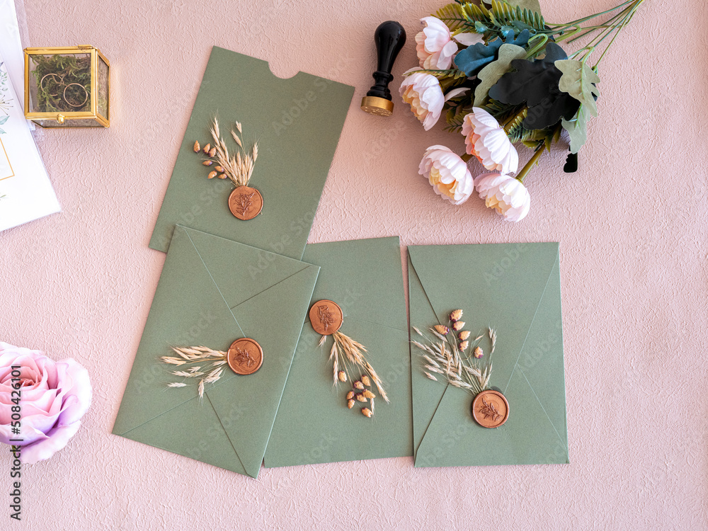 Elegant greenery on wedding invitation card template. Top view Stock ...