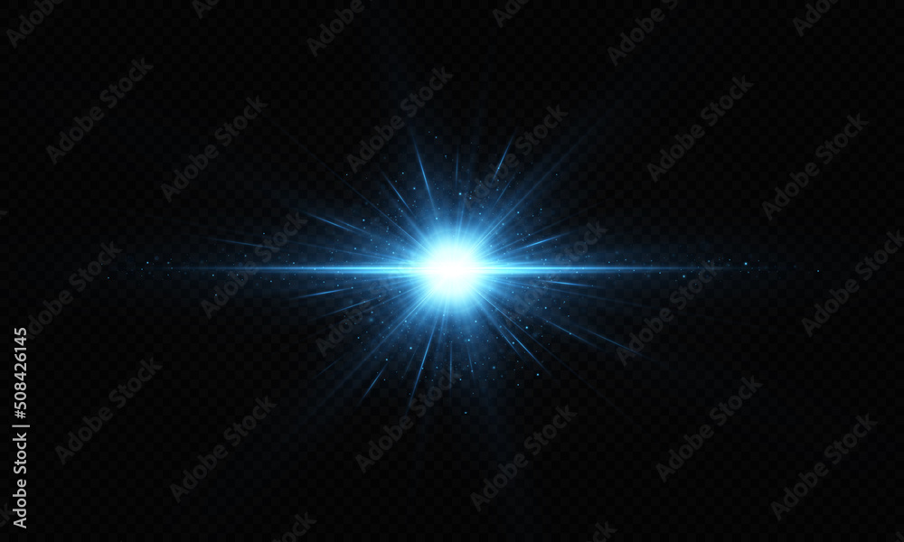 Shining blue star. Light Effect Bright Star, Christmas Star. Blue glowing light explodes.
