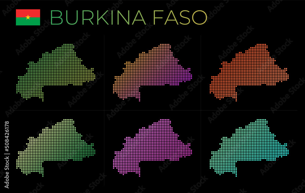 Obraz premium Burkina Faso dotted map set. Map of Burkina Faso in dotted style. Borders of the country filled with beautiful smooth gradient circles. Beautiful vector illustration.