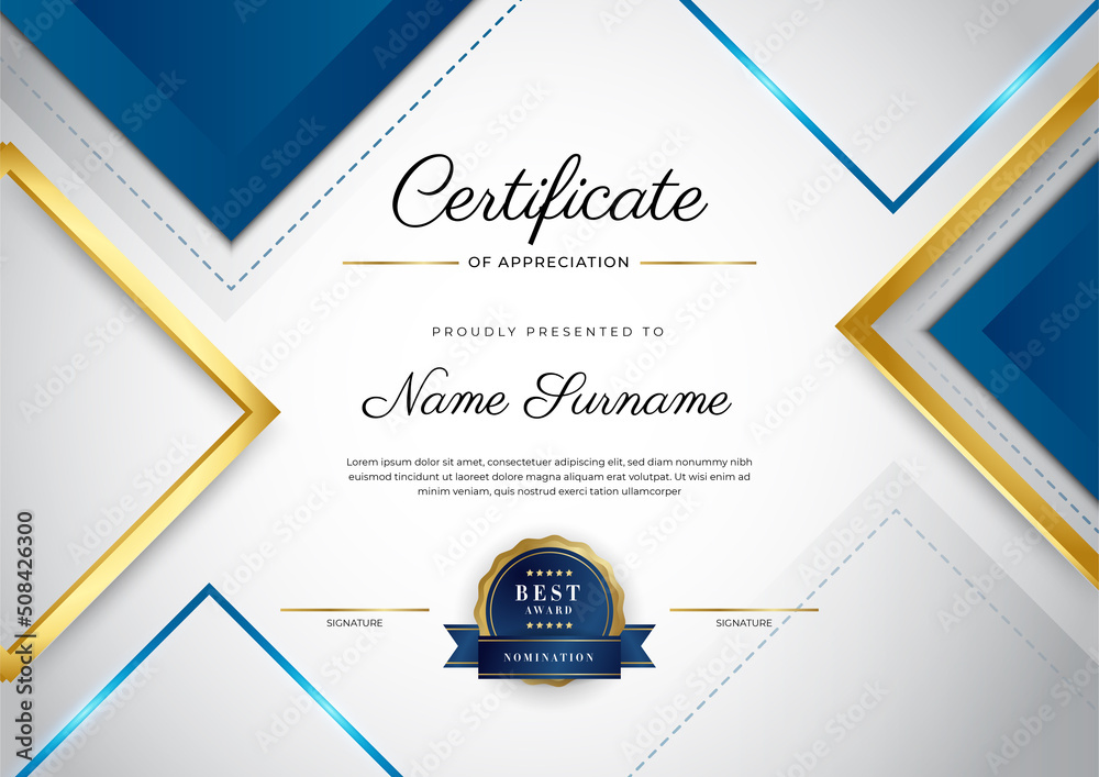 Certificate blue template with modern luxury pattern and golden lines ...