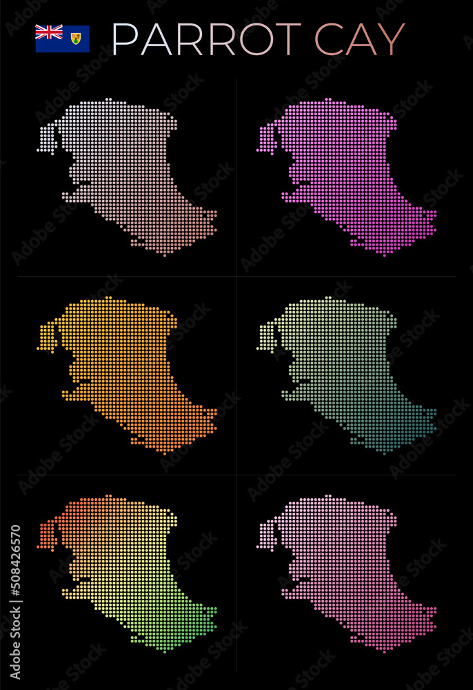 Parrot Cay dotted map set. Map of Parrot Cay in dotted style. Borders of the island filled with beautiful smooth gradient circles. Astonishing vector illustration.