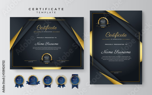 Black and gold certificate of achievement border template with luxury badge and modern line pattern. For award, business, and education needs