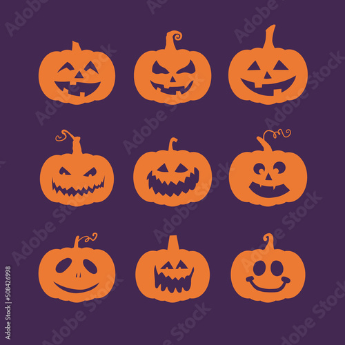 Halloween pumpkins silhouette with various faces and transparent smiles