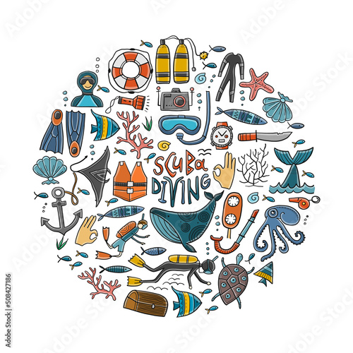 Scuba Diving icons set. Underwater activity design elements. Summer vacation concept, marine icons. Diving equipment, hand drawing style