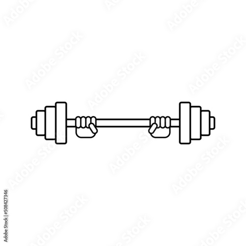 Hands lifted barbell weight. Transparent isolated outline vector illustration on white background.