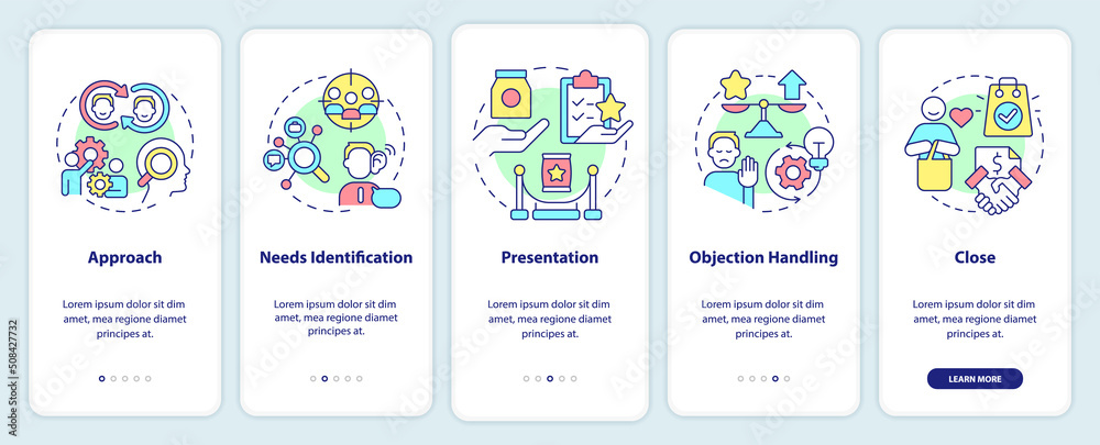 Sales process onboarding mobile app screen. Products and marketing walkthrough 5 steps editable graphic instructions with linear concepts. UI, UX, GUI template. Myriad Pro-Bold, Regular fonts used