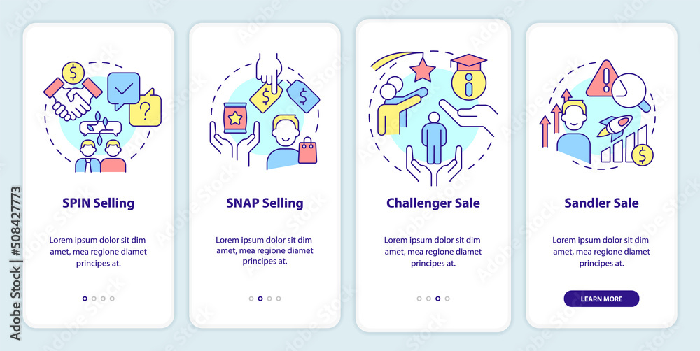 Sales techniques onboarding mobile app screen. Goods promotion walkthrough 4 steps editable graphic instructions with linear concepts. UI, UX, GUI template. Myriad Pro-Bold, Regular fonts used