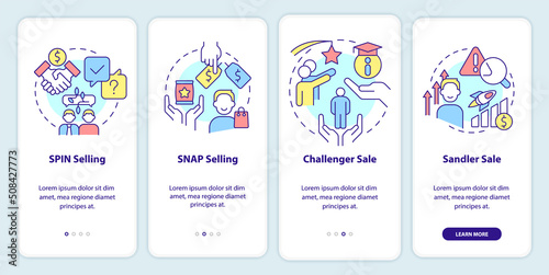 Sales techniques onboarding mobile app screen. Goods promotion walkthrough 4 steps editable graphic instructions with linear concepts. UI, UX, GUI template. Myriad Pro-Bold, Regular fonts used