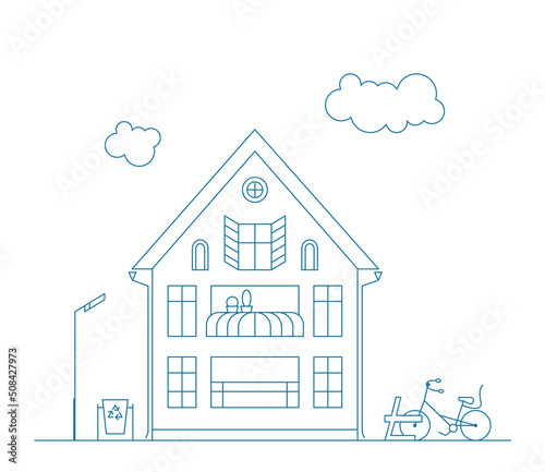 Line art vector neighborhood illustration with house and wheel. Cityscape with blue residential building.
