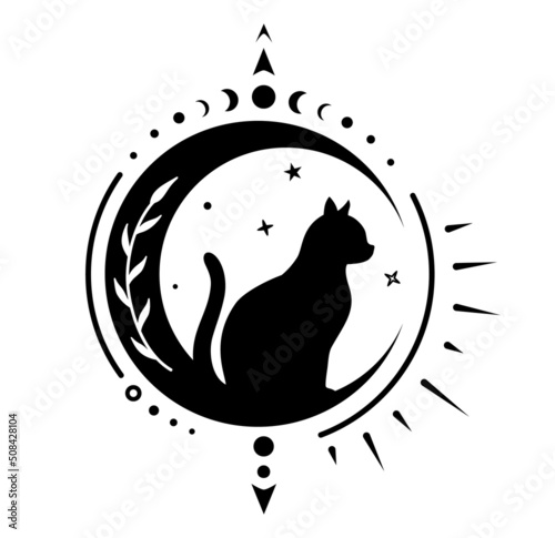 Cat on moon silhouette, celestial magic sign. Crescent moon witchy design.