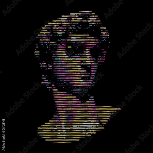 David’s head in ASCII art, digital code illustration. Design for fashion prints, posters, banner, t-shirt, stickers and other use cases