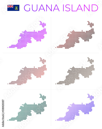 Guana Island dotted map set. Map of Guana Island in a dotted style with borders filled with beautiful smooth gradient circles. Creative vector illustration.