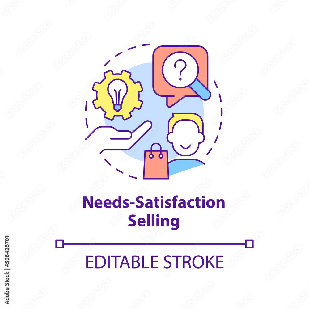Needs-satisfaction selling concept icon. Successful sales strategy abstract idea thin line illustration. Solving problems. Isolated outline drawing. Editable stroke. Arial, Myriad Pro-Bold fonts used Needs-satisfaction selling concept icon. Successful sales strategy abstract idea thin line illustration. Solving problems. Isolated outline drawing. Editable stroke. Arial, Myriad Pro-Bold fonts used