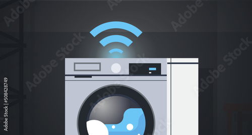 Intelligent smart washing machine wireless remote activated and bathroom interior design flat vector illustration.