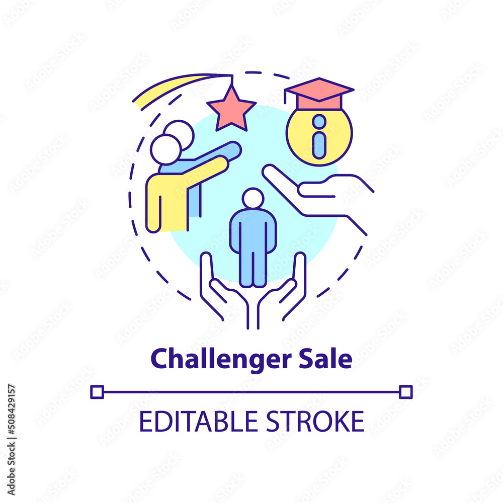 Challenger sale concept icon. Highly effective selling technique abstract idea thin line illustration. Training courses. Isolated outline drawing. Editable stroke. Arial, Myriad Pro-Bold fonts used Challenger sale concept icon. Highly effective selling technique abstract idea thin line illustration. Training courses. Isolated outline drawing. Editable stroke. Arial, Myriad Pro-Bold fonts used