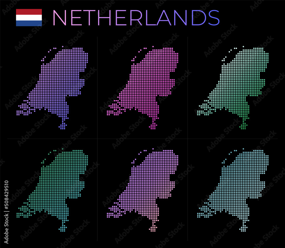 Netherlands dotted map set. Map of Netherlands in dotted style. Borders of the country filled with beautiful smooth gradient circles. Charming vector illustration.