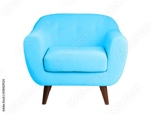 blue armchair or soft sofa in textile upholstery on wooden legs, isolated on a white background