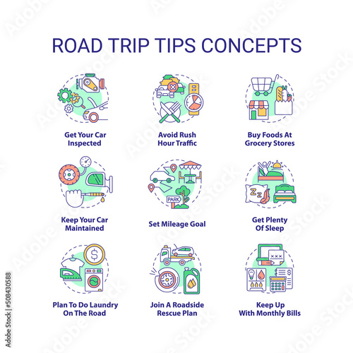 Road trip tips concept icons set. Planning travel. Car adventure recommendations idea thin line color illustrations. Isolated symbols. Editable stroke. Roboto-Medium, Myriad Pro-Bold fonts used