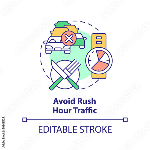 Avoid rush hour traffic concept icon. Wasting time. Road trip recommendation abstract idea thin line illustration. Isolated outline drawing. Editable stroke. Arial, Myriad Pro-Bold fonts used