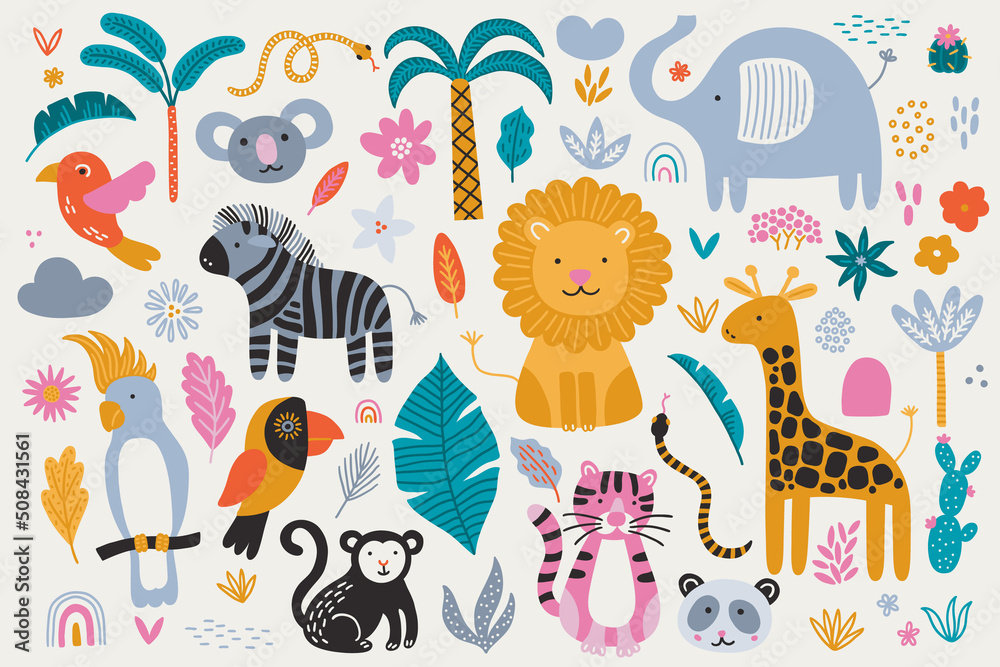 Jungle animal set - elephant, lion, tiger, giraffe, zebra, cockatoo, toucan Jungle animal set - elephant, lion, tiger, giraffe, zebra, cockatoo, toucan