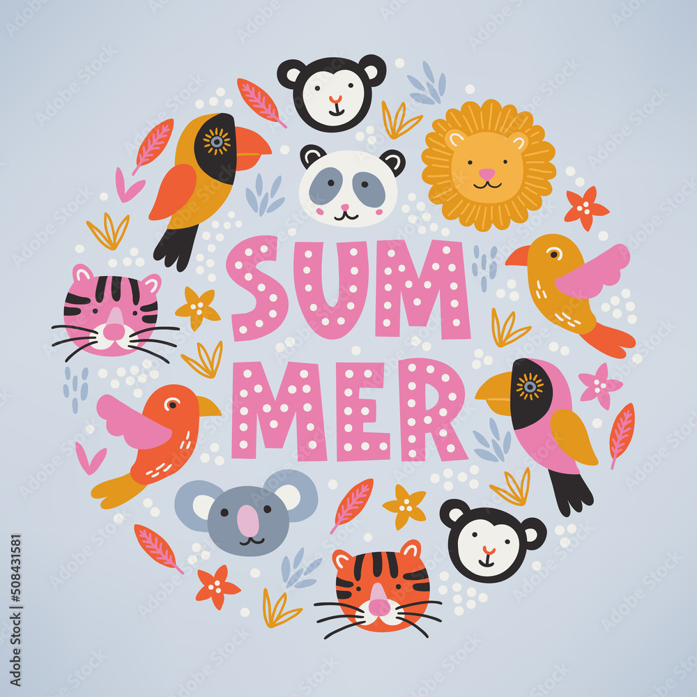 Naklejka premium Cartoon greeting card with monkey, lion, tiger, toucan, koala, panda