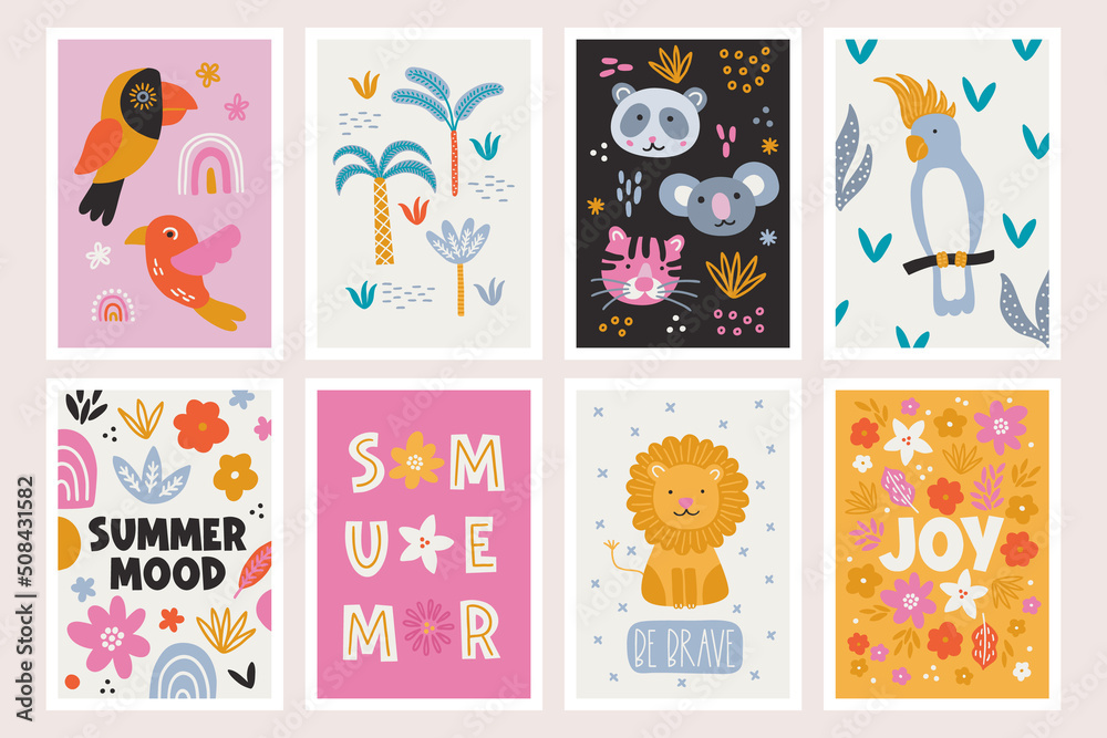 Summer greeting cards with parrot, toucan, rainbow, panda, koala, tiger