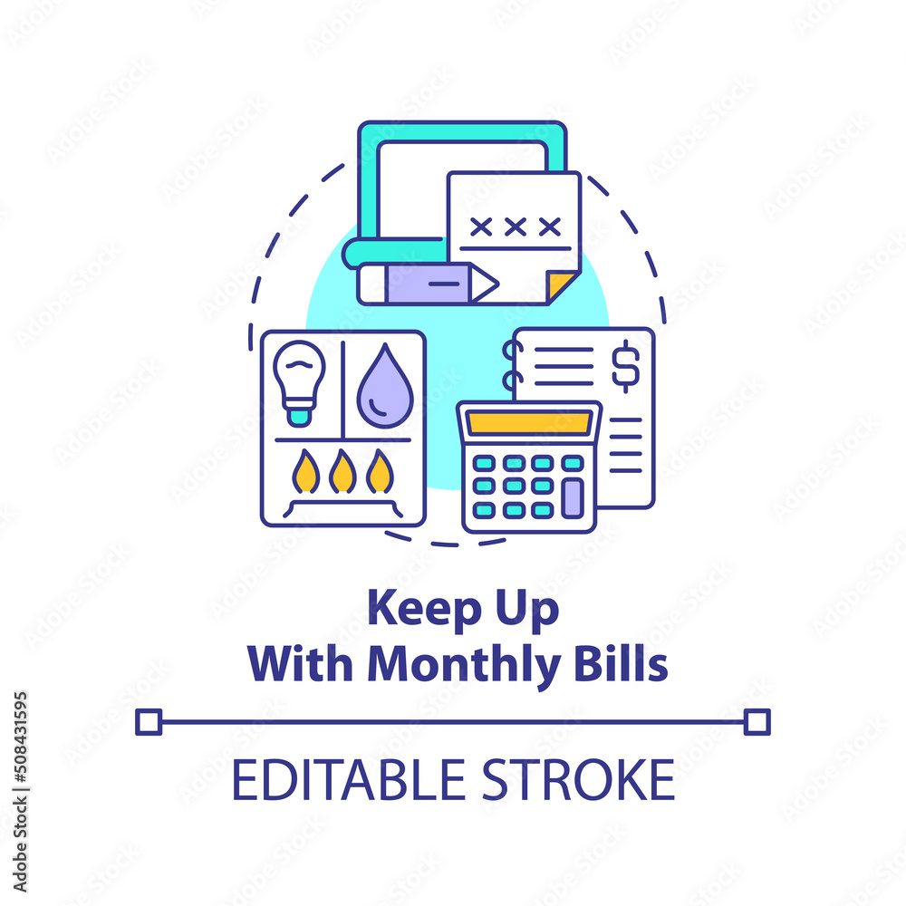 Keep up with monthly bills concept icon. Regular payments. Road trip tip abstract idea thin line illustration. Isolated outline drawing. Editable stroke. Arial, Myriad Pro-Bold fonts used Keep up with monthly bills concept icon. Regular payments. Road trip tip abstract idea thin line illustration. Isolated outline drawing. Editable stroke. Arial, Myriad Pro-Bold fonts used