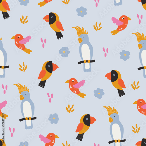 Summer seamless pattern with parrot, cockatoo, toucan, leaves, flowers