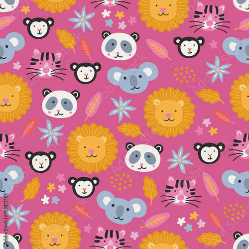 Summer seamless pattern with lion, tiger, monkey, panda, koala, flowers